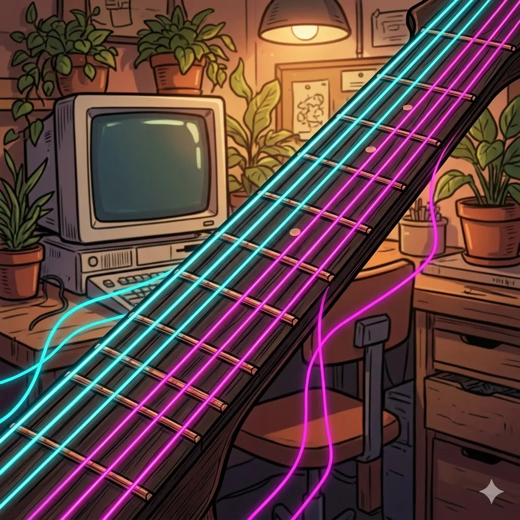 Mástil de guitarra interactivo y monitor CRT Solarpunk
